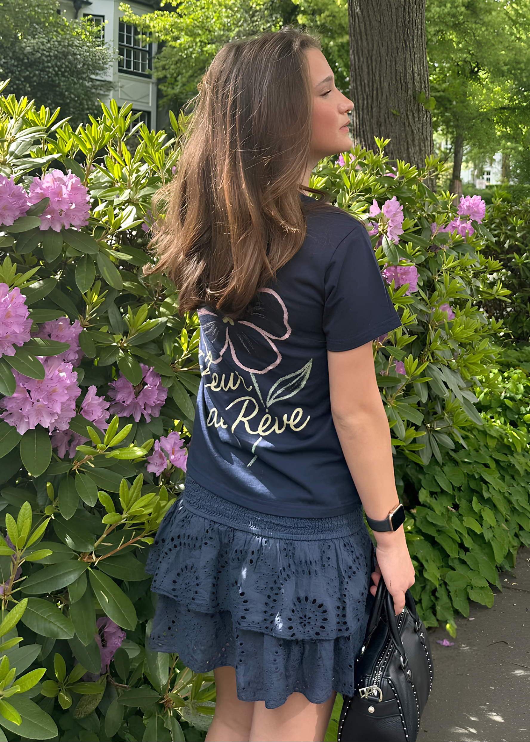 Fleur De Rêve oversized heavyweight cotton navy blue tee flower print